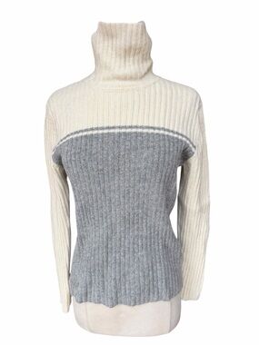 1990s Rafaella Angora/Lambswool Ivory Gray Vertical Colorblock Rib-Knit Turtlene